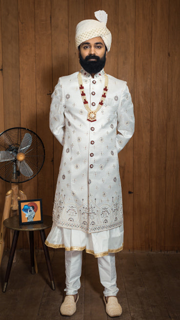WHITE COLORED MEHROON EMBROIDERED SHERWANI