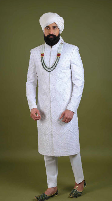 WHITE COLORED DESIGNER HANDWORK WEDDING SHERWANI